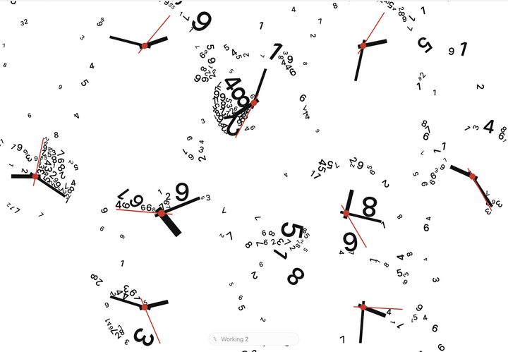 Clock hands and falling digits on white