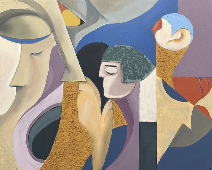 Cubist faces in lilac, blue, and ochre