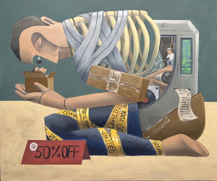 Painting of a seated figure wrapped and marked fifty percent off