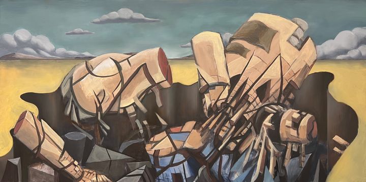 Cubist figure fragmenting into a pit