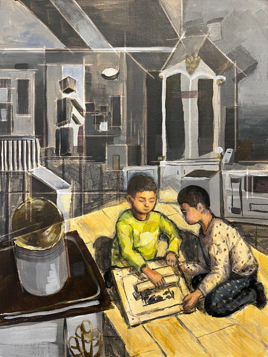 Painting of two boys packing a painting, geometric version