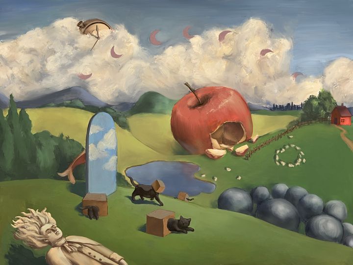 Surreal landscape with a giant bitten apple