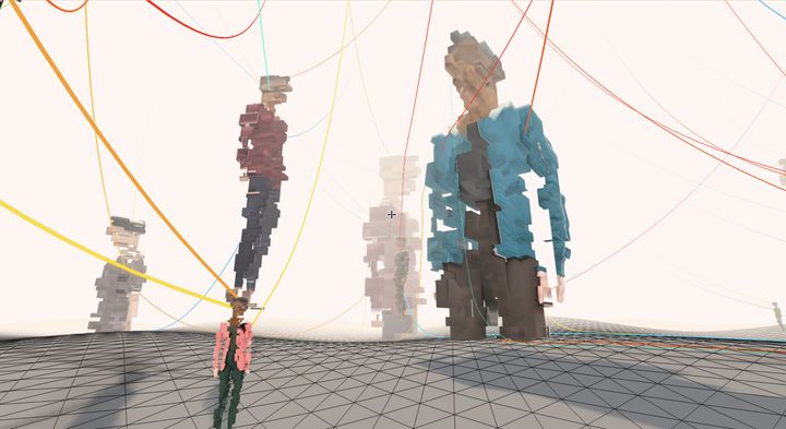 Standees with participants’ faces in a white virtual room