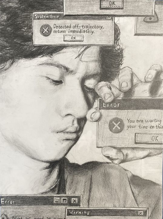 Graphite self-portrait surrounded by error pop-ups
