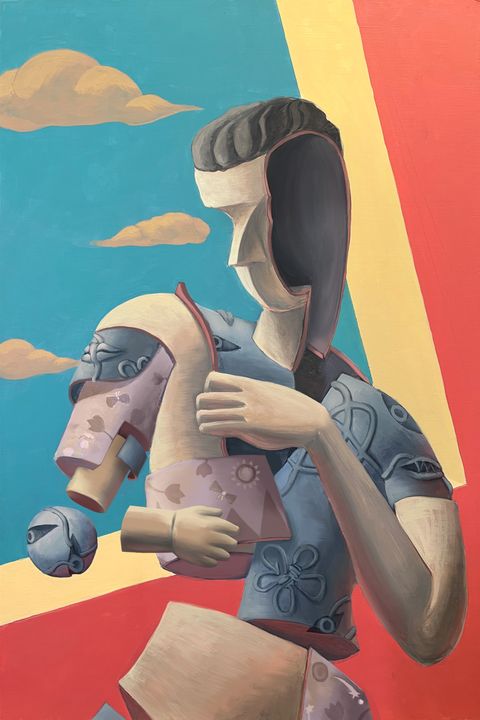 Layered masked faces in teal and red