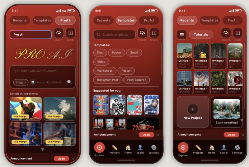 Adobe photo-editing app prototype showing Pro AI, Templates, and Recents screens